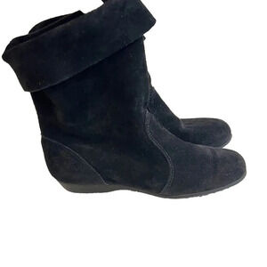 Vtg 90s Black Suede Bootie Womens Fold Down Boot 6.5 Almond Boho Hippie Festival